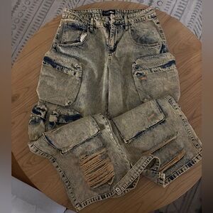 Fashion Nova Tan Distressed Cargo Jeans